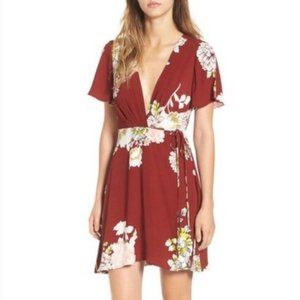 ASTR THE LABEL Nordstrom Rust Plunge Floral Wrap Mini Dress Size M